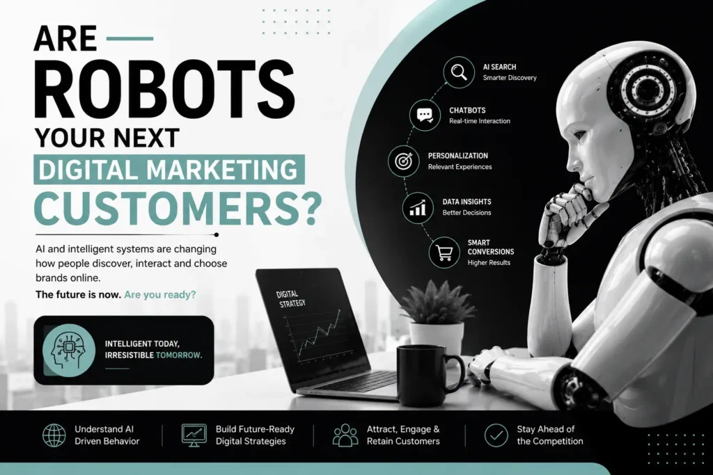 A futuristic white robot is working on a laptop while analyzing digital marketing data. The black, white, and soft teal theme creates a modern look, symbolizing how artificial intelligence is transforming the future of digital marketing.