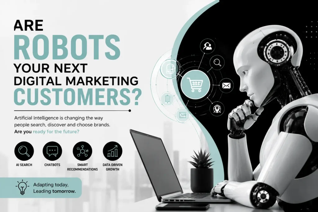A futuristic white robot is working on a laptop while analyzing digital marketing data. The black, white, and soft teal theme creates a modern look, symbolizing how artificial intelligence is transforming the future of digital marketing.