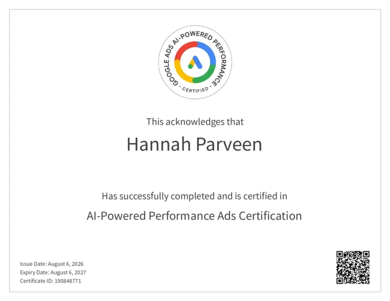 Freelance Digital Marketing Consultant In Qatar AI Powered Perfomance ADS CERTIFICATE