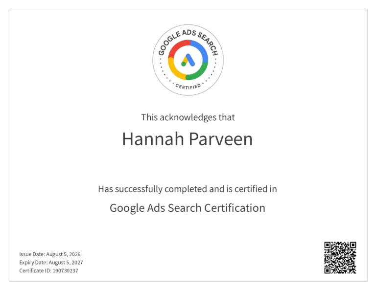 Freelance Digital Marketing Consultant In Qatar Google ADS Search CERTIFICATE